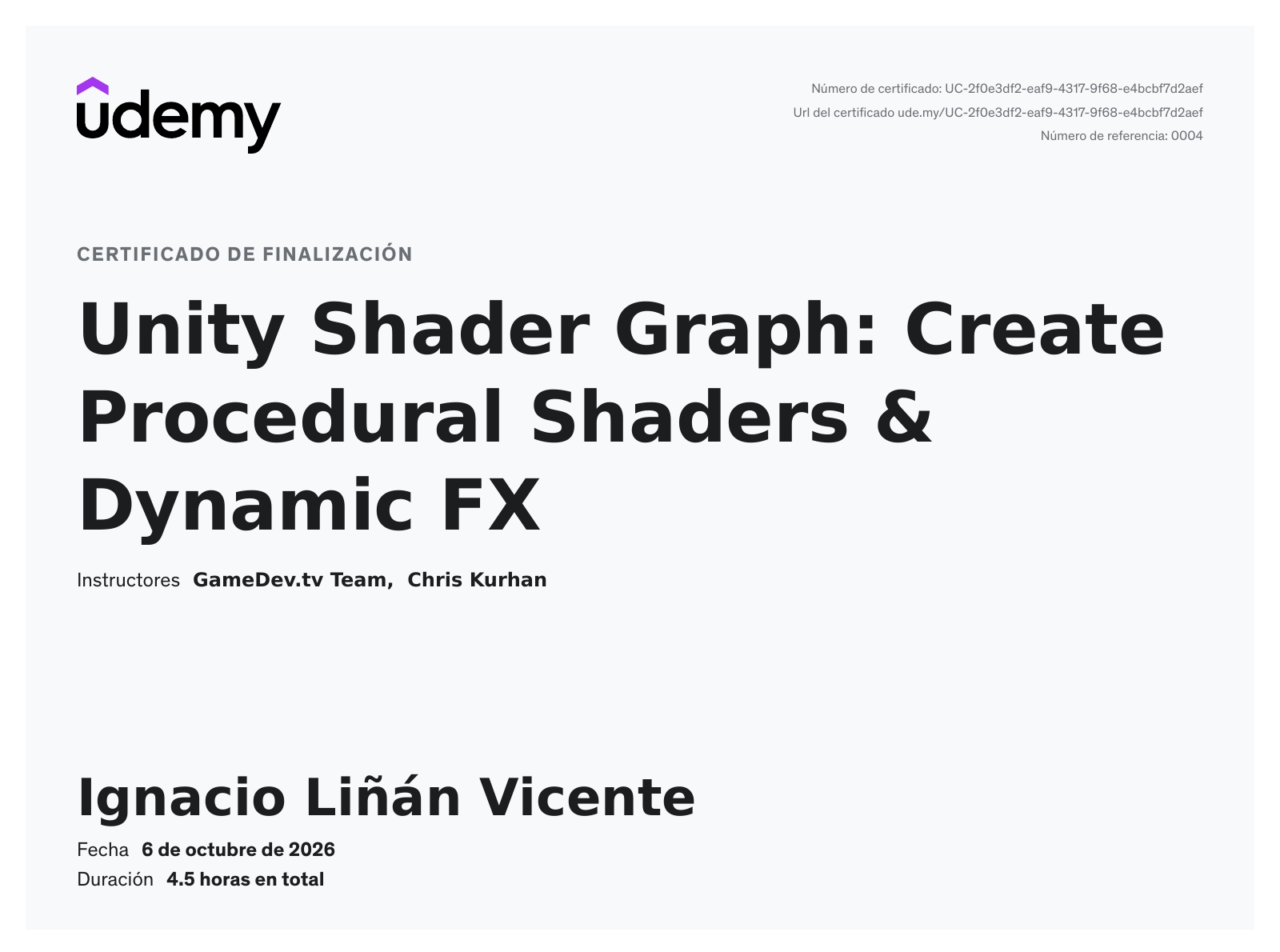 Udemy certificate: Unity Shader Graph - Ignacio Liñán Vicente