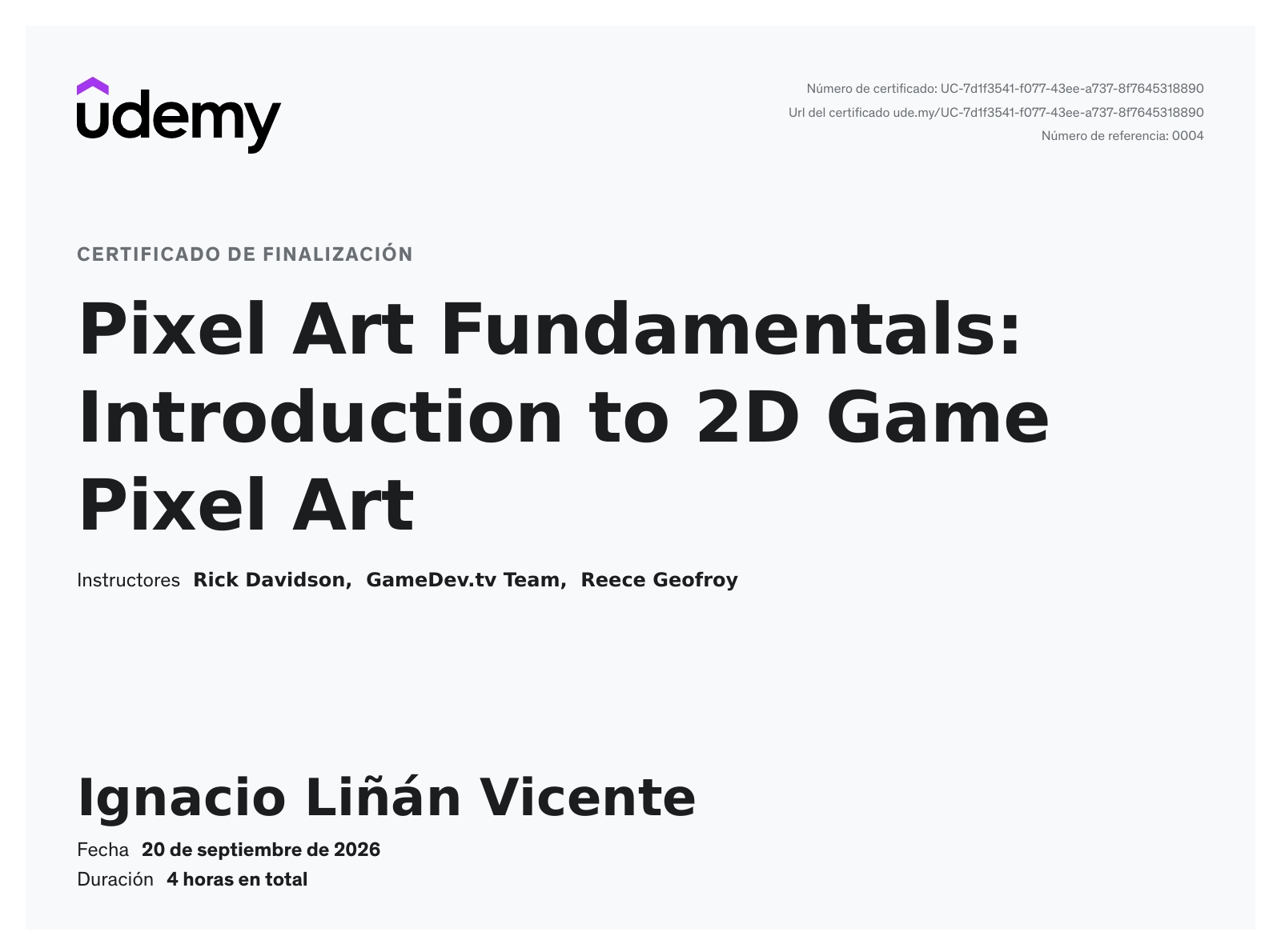 Udemy certificate: Pixel Art Fundamentals - Ignacio Liñán Vicente