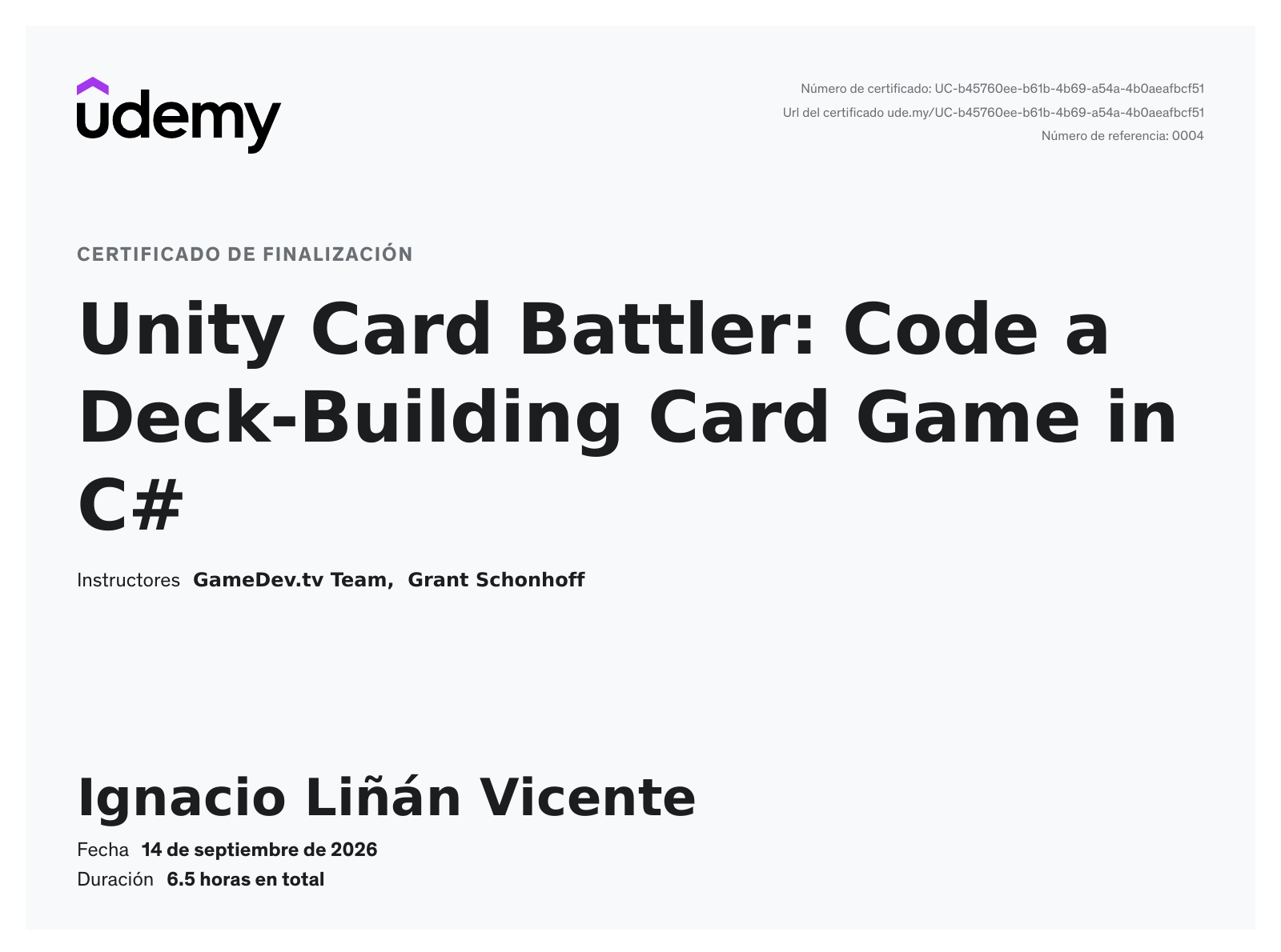 Udemy certificate: Unity Card Battler - Ignacio Liñán Vicente