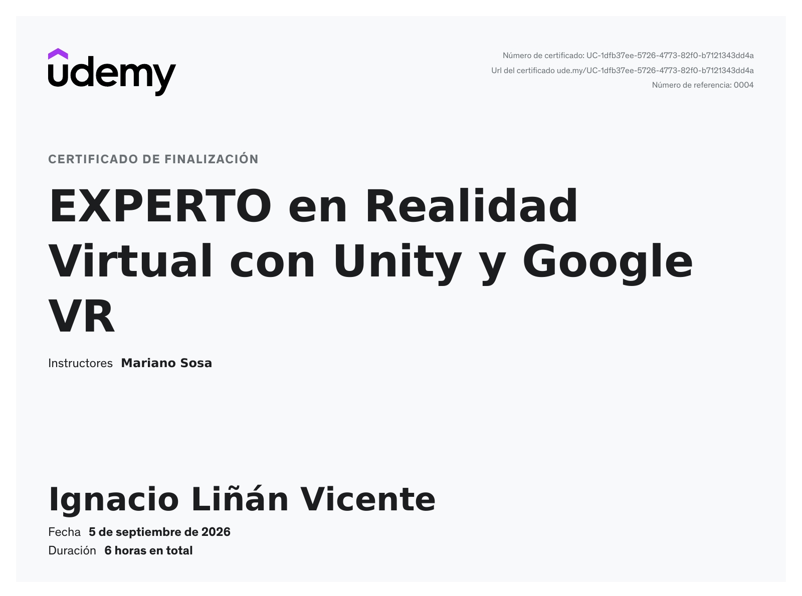 Udemy certificate: EXPERTO en Realidad Virtual con Unity y Google VR - Ignacio Liñán Vicente